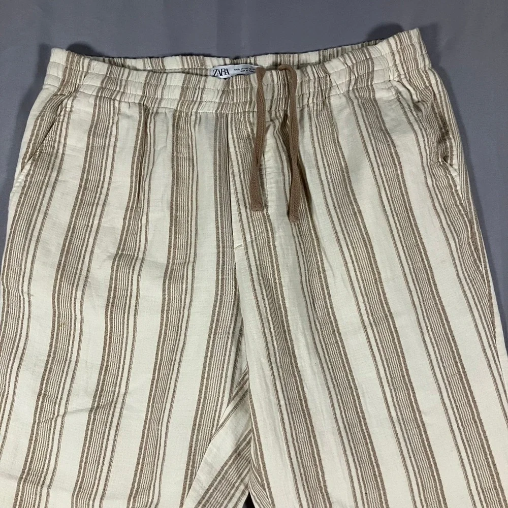 ZARA Striped Linen Womens XL‎ Blend Drawstring Waist Pants Beige Brown Casual
